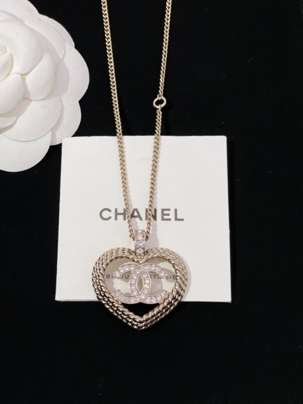CHANEL Gold Crystal Double CC Heart Necklace | Barely Worn